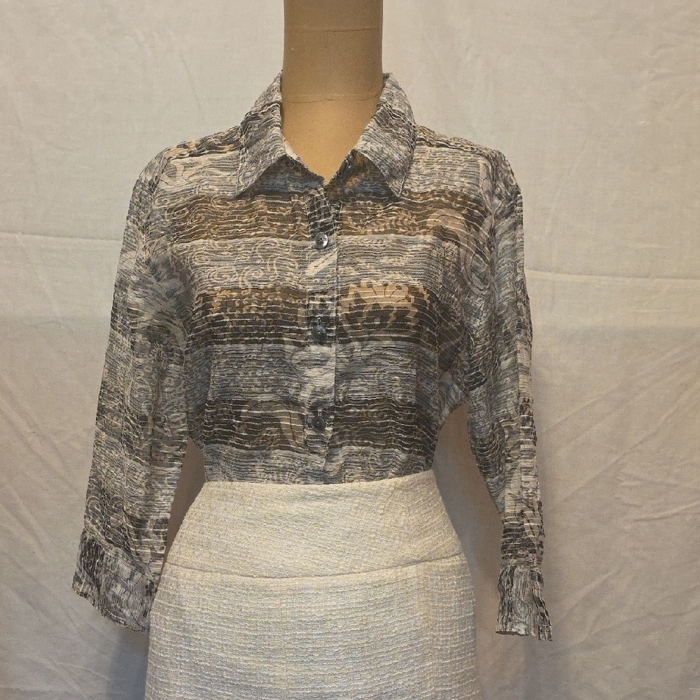Choices Petite Sheer Gray White Black Button Down Shirt 3/4 Sleeves